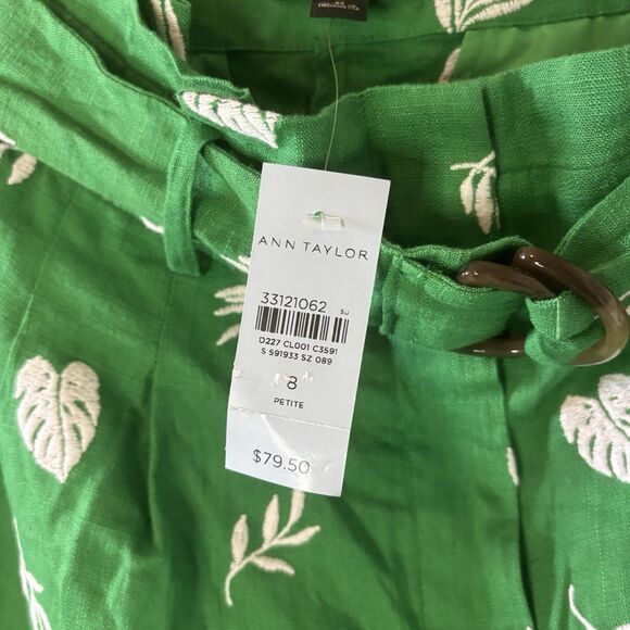 Ann Taylor NEW Linen Blend Shorts Green Embroidery Pleated High Waist 8 Petite - Picture 6 of 8